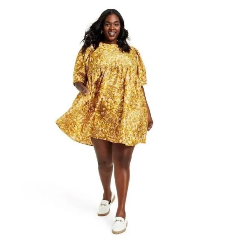 NWT Kika Vargas Gold Mum Puff Sleeve Dress with Pockets